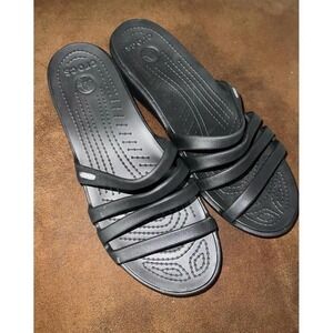 Crocs Sanrah Wedge Sandals Womens Size‎ 11 Black Excellent Strappy Slides